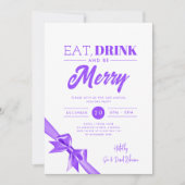 モダン食べ、ドリンクBeメリークリスマス紫リボン 招待状 (正面)