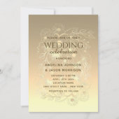 モダン高級エレガント金ゴールドフローラ結婚レース 招待状 (正面)