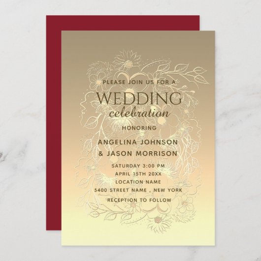 モダン高級エレガント金ゴールドフローラ結婚レース 招待状 (正面/裏面)