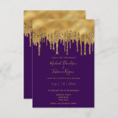 モダン高級パープル金ゴールド結婚グリッター 招待状 (正面/裏面)