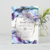 モダン鮮やかティール(緑がかった色)梅抽象芸術インク 招待状 (スタンド正面)