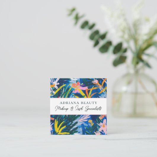 モダン鮮やか抽象芸術フローラ美しい スクエア名刺 (スタンド正面)