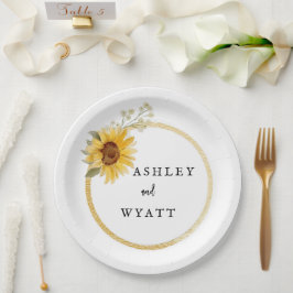 モダン黄ひまわり結婚の ペーパープレート
