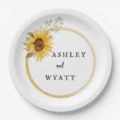 モダン黄ひまわり結婚の ペーパープレート (正面)