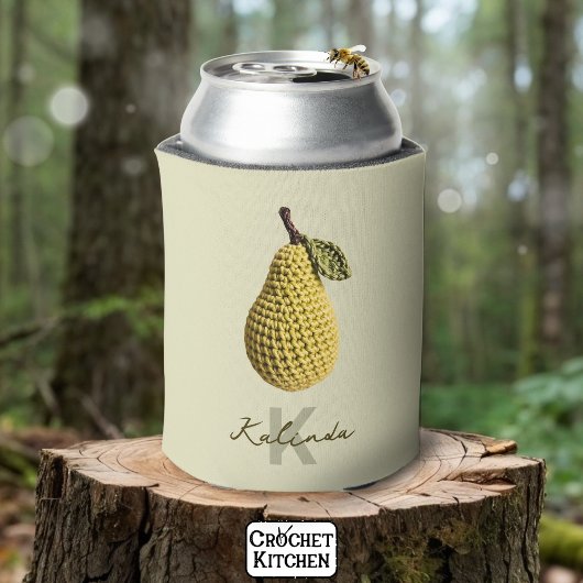 モダン黄ミニマルクロシェ梨モノグラム名 缶クーラー