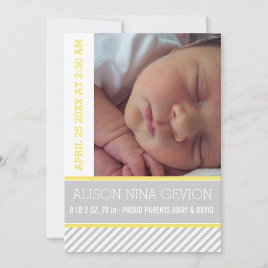 モダン黄色エレガント灰色のベビーストライプの誕生 案内状 (正面)