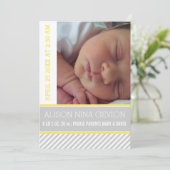 モダン黄色エレガント灰色のベビーストライプの誕生 案内状 (スタンド正面)