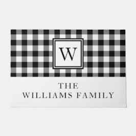 モダン黒と白のプレイドファミリ名 ドアマット