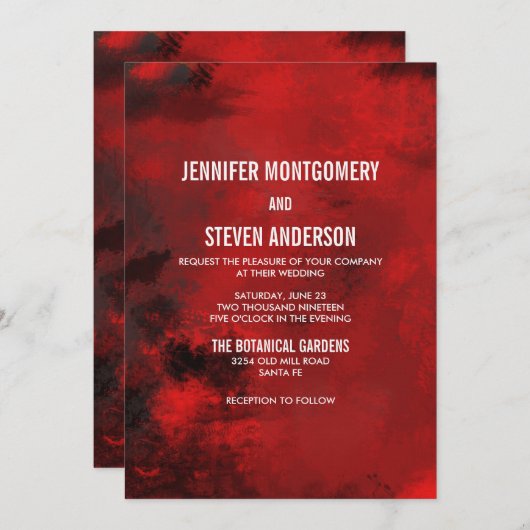モダン黒と赤の芸術的抽象芸術結婚 招待状 (正面/裏面)