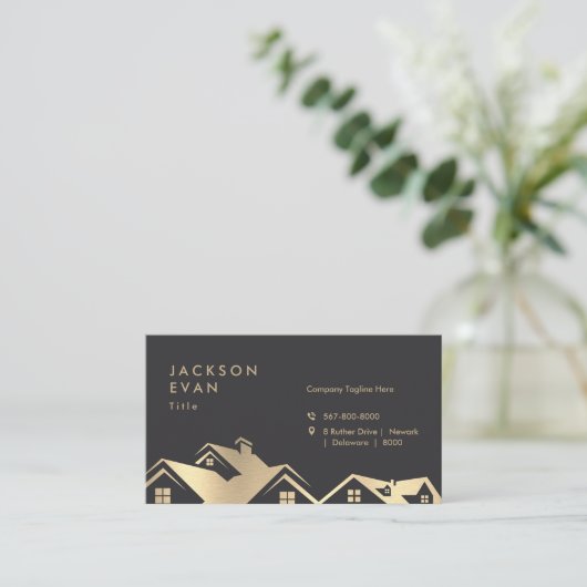 モダン黒と金ゴールドの屋根建築修復 名刺 (スタンド正面)