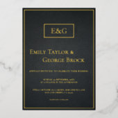 モダン黒と金ゴールドモノグラ素朴ム結婚ズ 箔招待状 (正面)