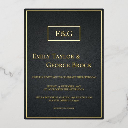 モダン黒と金ゴールドモノグラ素朴ム結婚ズ 箔招待状 (正面)