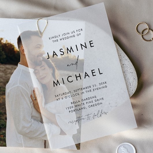 モダン黒のスクリプ結婚ト ベラム紙招待状