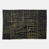 モダン黒の幾何フェイク金ゴールド迷路 キッチンタオル (横)