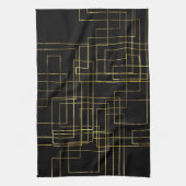 モダン黒の幾何フェイク金ゴールド迷路 キッチンタオル (縦)