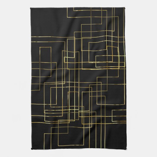 モダン黒の幾何フェイク金ゴールド迷路 キッチンタオル (縦)