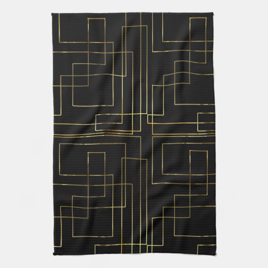 モダン黒の幾何フェイク金ゴールド迷路 キッチンタオル (縦)