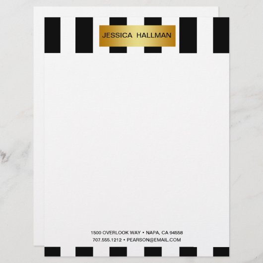モダン黒エレガントと白ストライプの金ゴールドバー レターヘッド (正面/裏面)