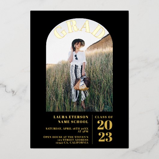 モダン黒エレガント写真5枚 箔招待状 (正面)