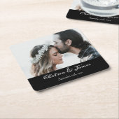 モダン黒エレガント書写結婚写真 スクエアペーパーコースター (アングル)