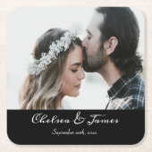 モダン黒エレガント書写結婚写真 スクエアペーパーコースター (正面)