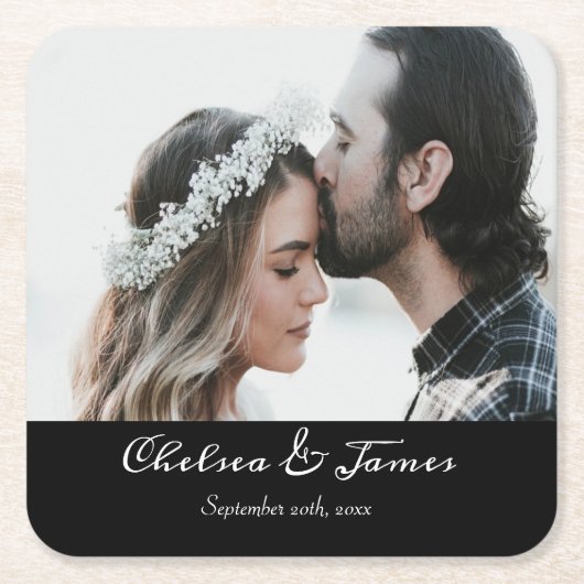 モダン黒エレガント書写結婚写真 スクエアペーパーコースター (正面)