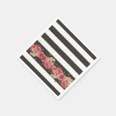 モダン黒ストライプ金ゴールドフェイクグリッターフローラ スタンダードカクテルナプキン (角)