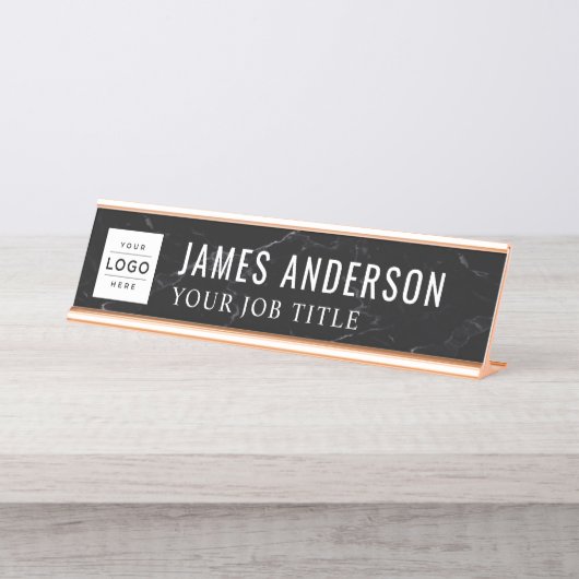 モダン黒大理石パーソナライズされたビジネスロゴ デスクネームプレート (正面)