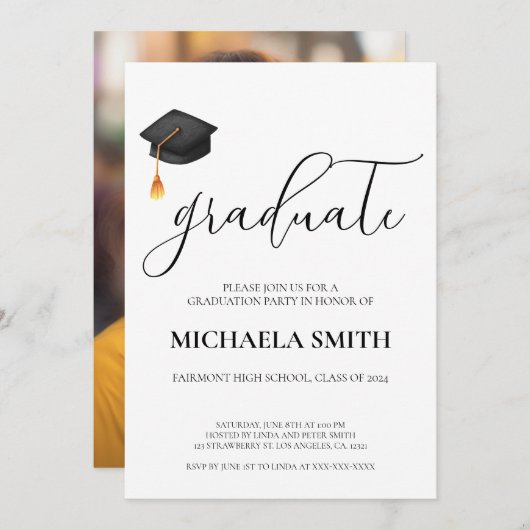 モダン黒帽高校写真卒業 招待状 (正面/裏面)