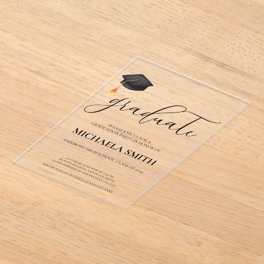 モダン黒帽高校卒業パーティー アクリル招待状 (レイダウン)