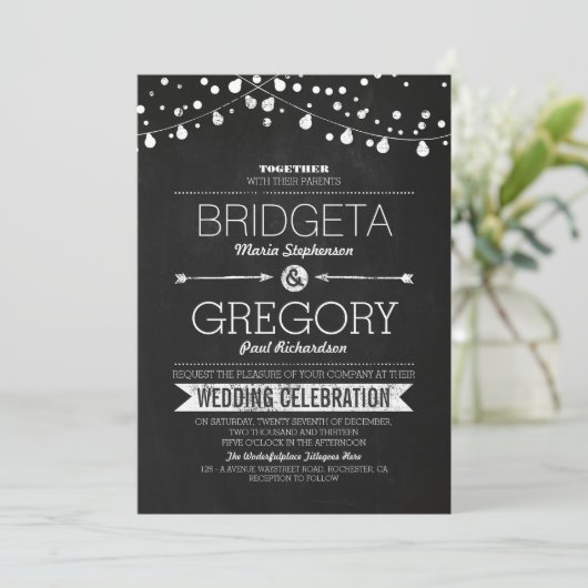 モダン黒板ストリングライト結婚式招待状 招待状 (スタンド正面)