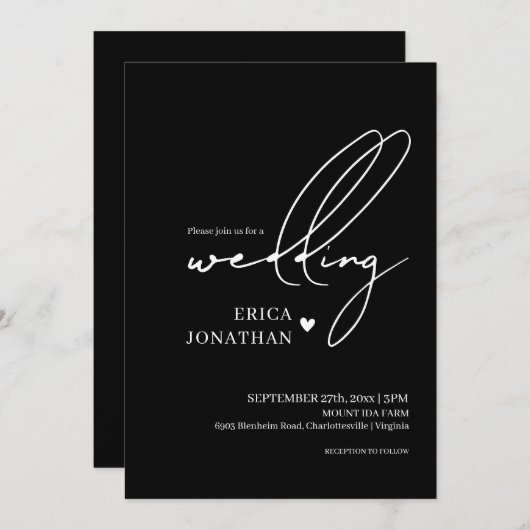 モダン黒結婚白レタリング 招待状 (正面/裏面)