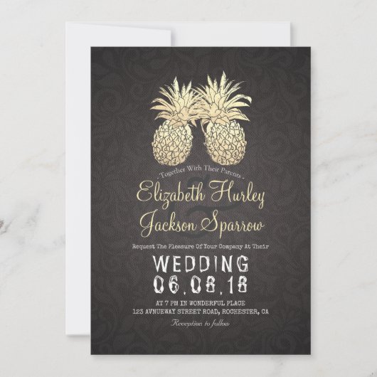 モダン黒結婚金ゴールドエレガントパイナップルカップル 招待状 (正面)