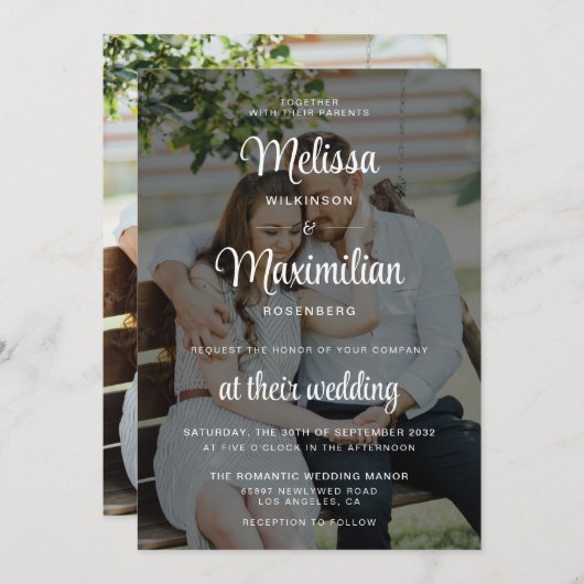 モダン黒透明シンプル写結婚真 招待状 (正面/裏面)