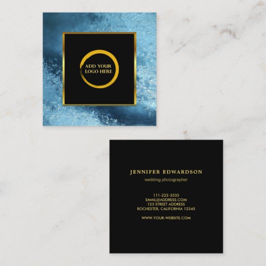 モダン黒金ゴールドブルーシンプルアイロゴ スクエア名刺 (正面/裏面)