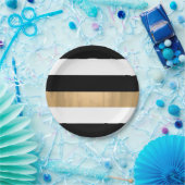 モダン黒、エレガント白、金ゴールドストライプの ペーパープレート (パーティー)