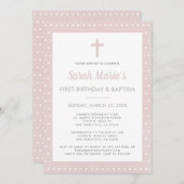 モダン1歳の誕生日バプティスガールピンク水玉模様 招待状 (正面/裏面)