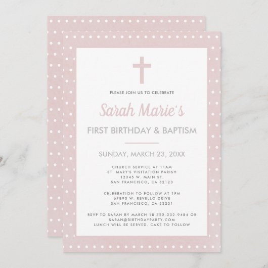 モダン1歳の誕生日バプティスガールピンク水玉模様 招待状 (正面/裏面)