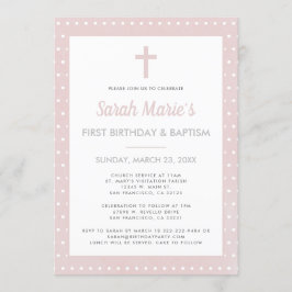 モダン1歳の誕生日バプティスガールピンク水玉模様 招待状