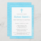 モダン1歳の誕生日バプテスムボーイブルー水玉模様 招待状 (正面/裏面)