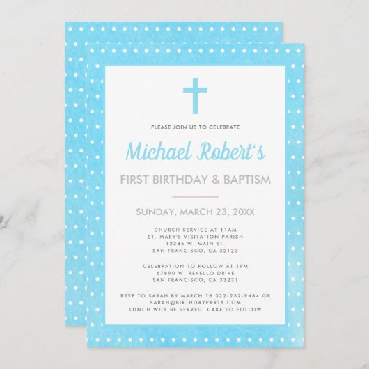 モダン1歳の誕生日バプテスムボーイブルー水玉模様 招待状 (正面/裏面)
