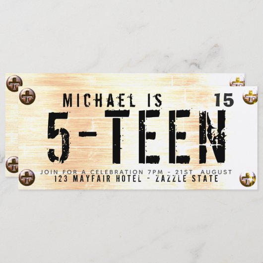 モダン10代の誕生日ボーイ車のライセンスプレートラスティ 招待状 (正面/裏面)