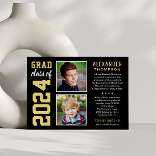 モダン2フォトブラックと金ゴールド卒業パーティー 箔招待状