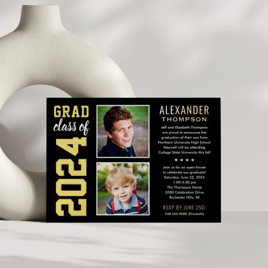 モダン2フォトブラックと金ゴールド卒業パーティー 箔招待状