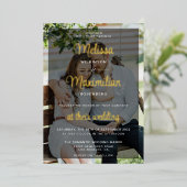 モダン2枚の写真を黒にオンラインRSVP金ゴールド 箔招待状 (立ち正面)