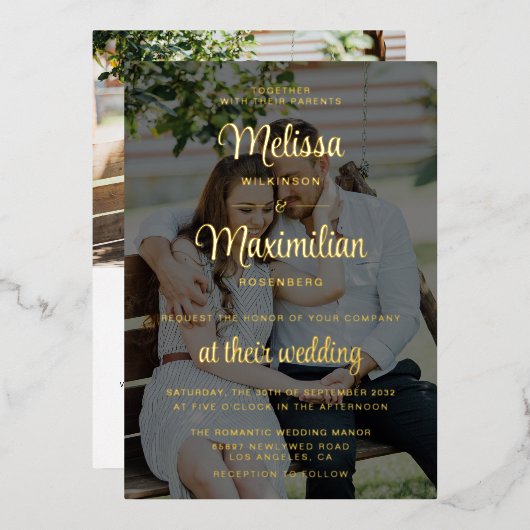 モダン2枚の写真を黒にオンラインRSVP金ゴールド 箔招待状 (正面/裏面)