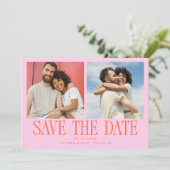 モダン2枚写真オレンジピンク結婚式 セーブザデート (スタンド正面)