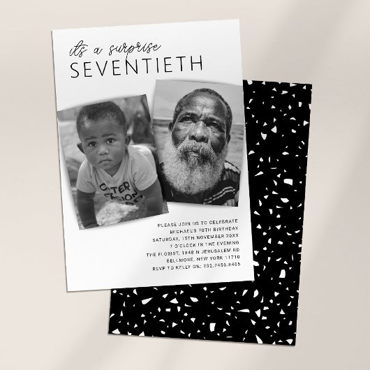 モダン2枚写真サプライズ70歳誕生日パーティー 招待状