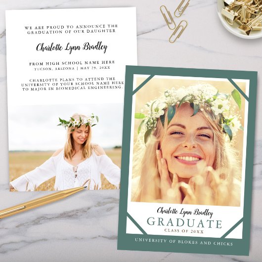 モダン2枚写真ターコイズブルー卒業おめでとうカード 招待状