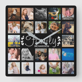 モダン22の家族写真のコラージュ及び名前 スクエア壁時計